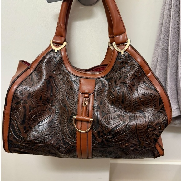 Handbags - Boho chic embossed leather Top Handle Bag in shades of brown with gold hardware
